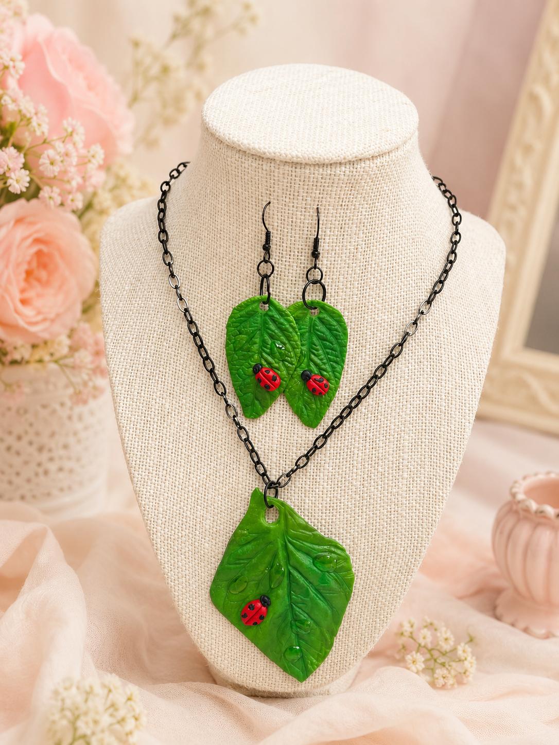 Lady Bug on Leaf with Dew Drops Set